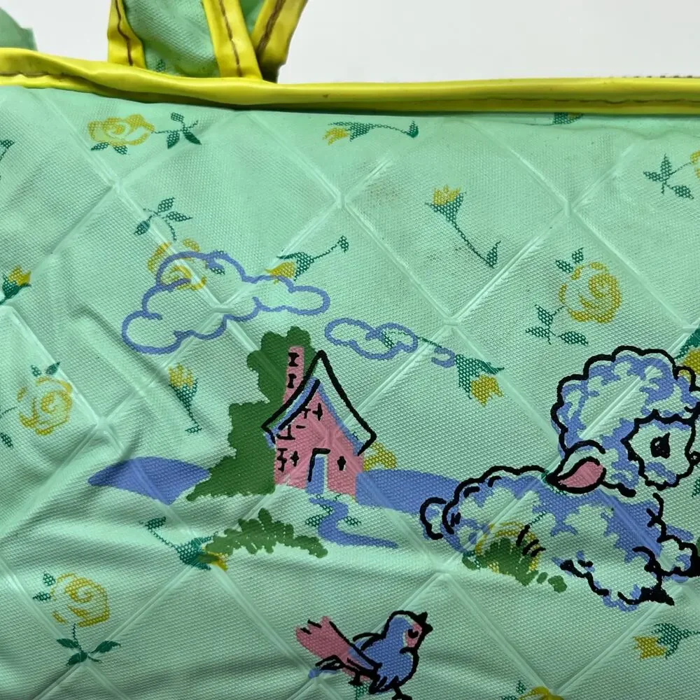 Vintage Lamb Cottage Print Quilted Vinyl Travel Bag Mint Green Yellow Retro Case